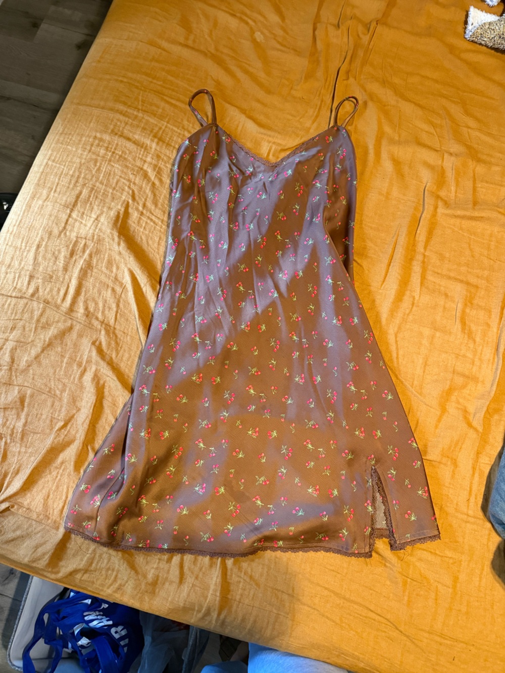 Wild Fable Brown Floral Slip Dress with Pink & Green Embroidery